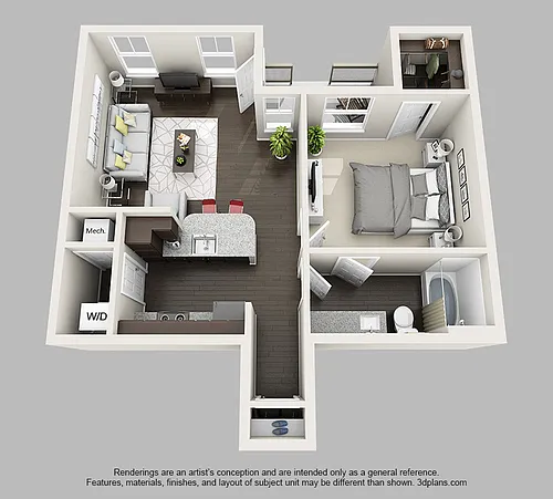 Floor plan 1 Bedroom 1 Bathroom Apartment with 719 Square Fee