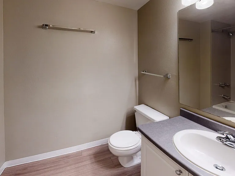 Apartment bathroom with wood-style flooring.