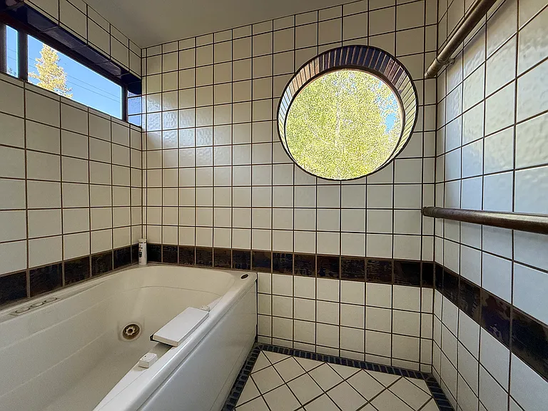 Custom circular window in Jacuzzi Room (with heated towel bars on right!)