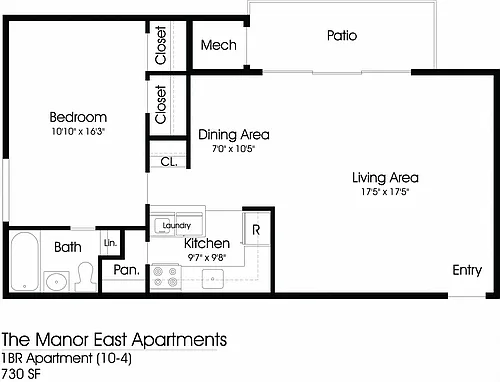 Floor plan Manor East 1BR 1BA (735sf)