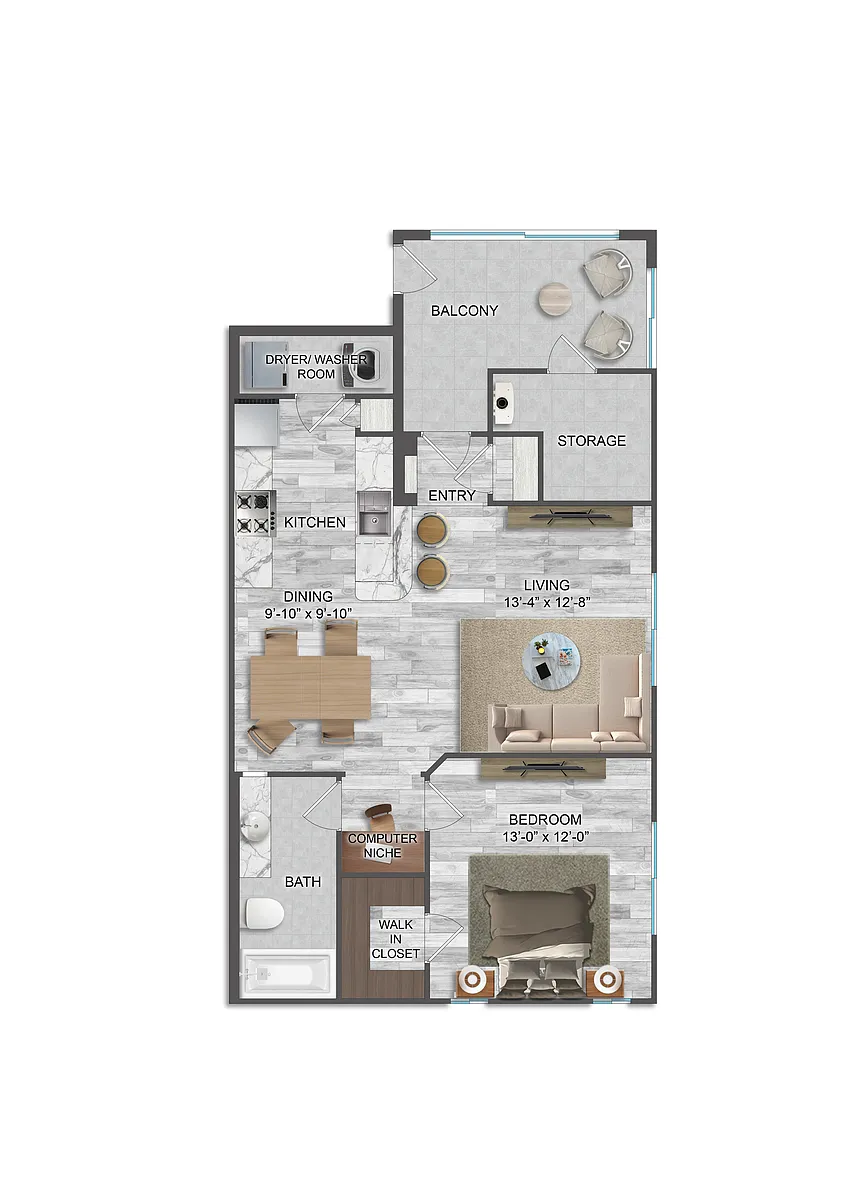 Floor plan Amalfi - One Bedroom/One Bath 727 Sq Ft