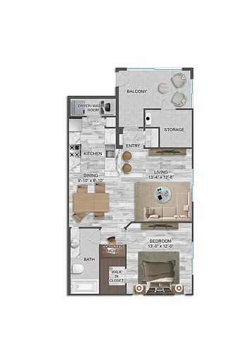 Floor plan Amalfi - One Bedroom/One Bath 727 Sq Ft
