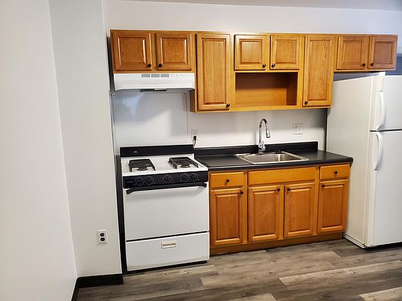 View of Kitchen, stove, refrigerator and G/D. Cabinets brand new along with plank flooring