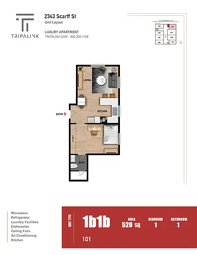 Floor plan 1 Bed 1 Bath - 520 sqft