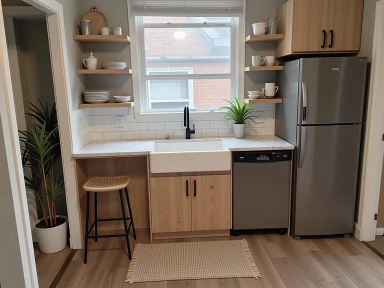 Compact kitchen nook with farmhouse sink, open shelving, and stainless fridge and dishwasher, plus a convenient counter seat.
