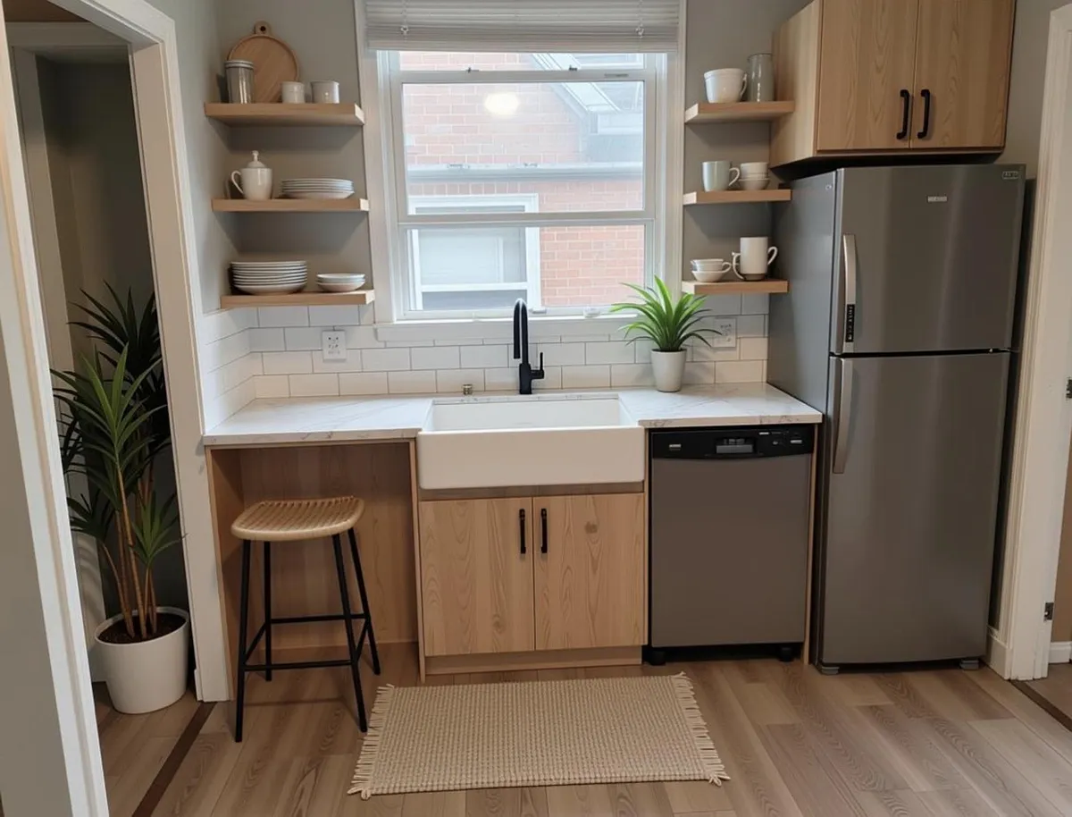 Compact kitchen nook with farmhouse sink, open shelving, and stainless fridge and dishwasher, plus a convenient counter seat. - Huntington Rd