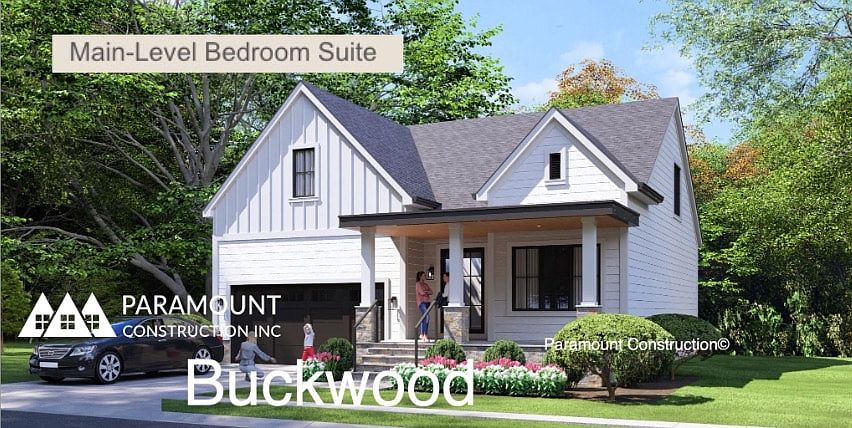A deep porch anchors the entry