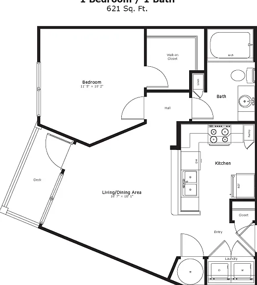 The Baltica: 621 sq. ft. featuring a unique angled living area, walk-in closet, private balcony, and convenient entry-side laundry. The Baltica: 621 sq. ft. featuring a unique angled living area, walk-in closet, private balcony, and convenient entry-side 