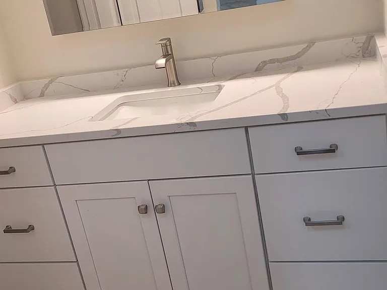 another view of the 60" wide vanity with self-closing doors/drawers & a 3-panel mirrored Medicine cabinet for extra storage