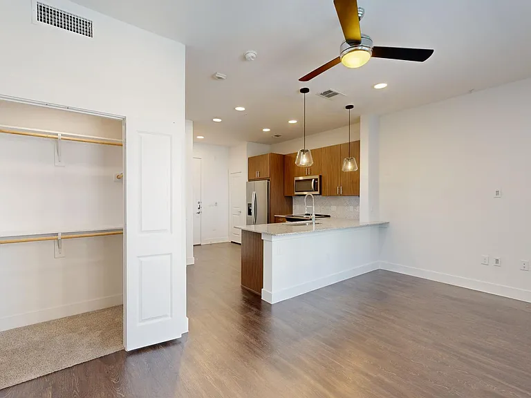 Apartment living room with wood-style flooring.