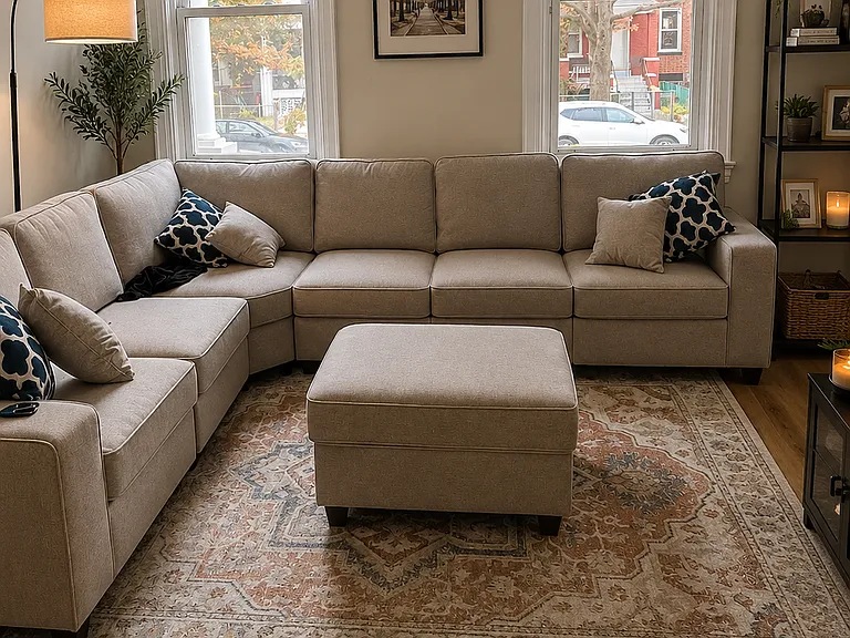 Front living room. The sofa, ottoman and rug are new from 2025 and can convey with the rental.