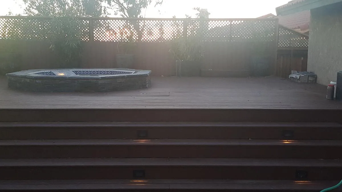 Composite wood deck with inlaid, automatic lighting - 1224 Oakwood Ln
