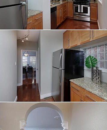 Kitchen area. The bottom picture is taken from the downstairs bathroom looking into the living room area.