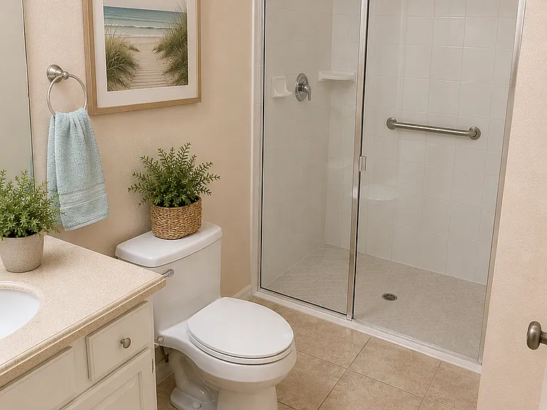 Master bathroom with Walk-in shower (AI staged)