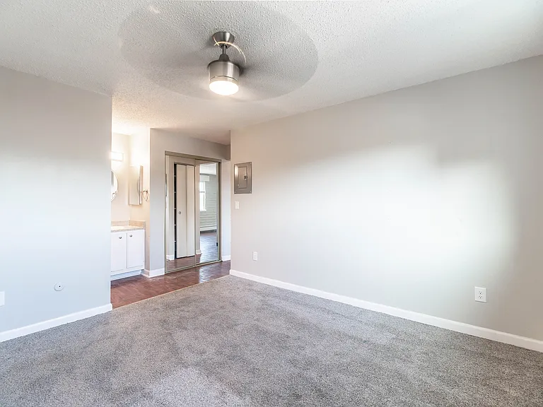 Bright and airy living space with modern ceiling fixture, beige carpet, and built-in storage, leading to a stylish bathroom with sleek fixtures.