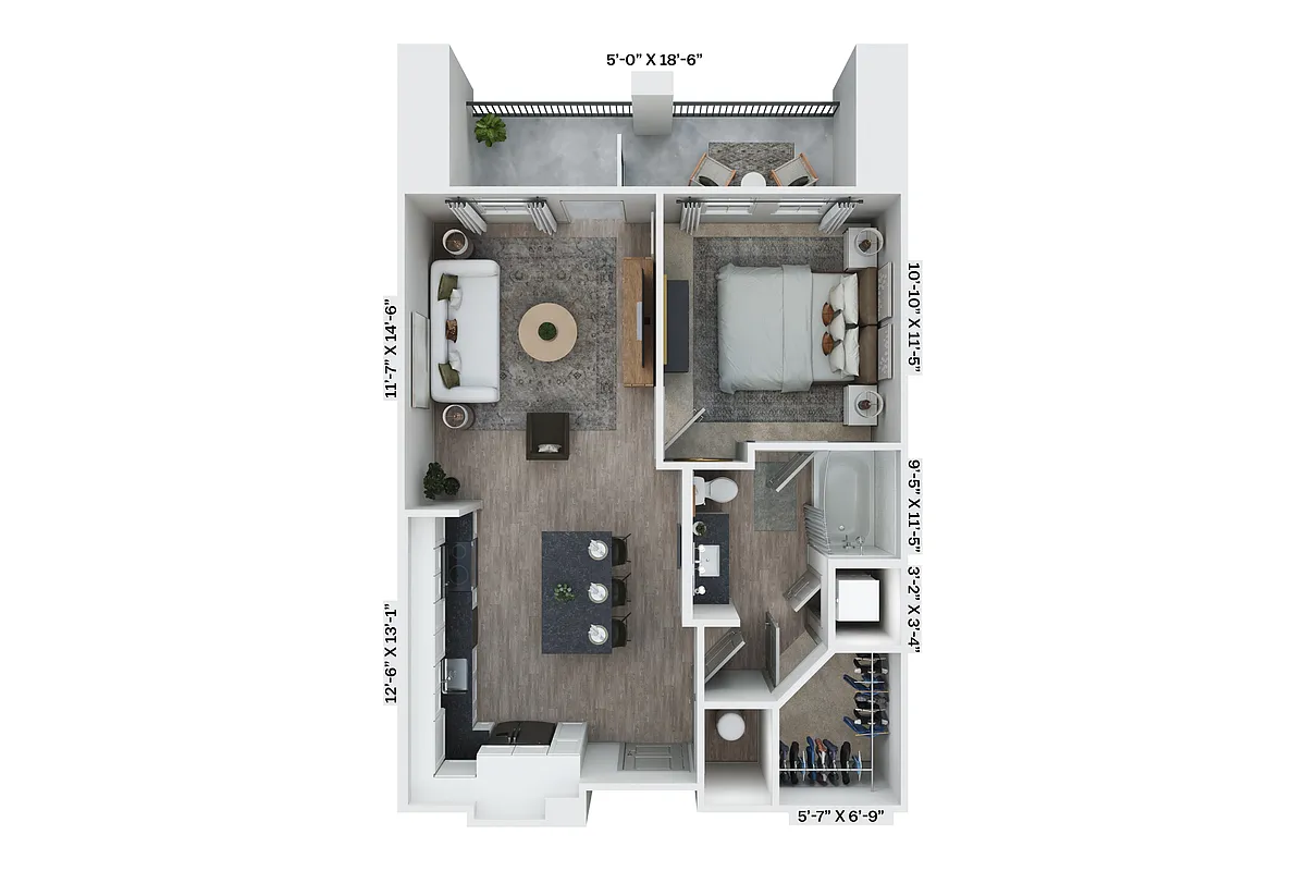 Floor plan 1BR 1BA (681 SF)