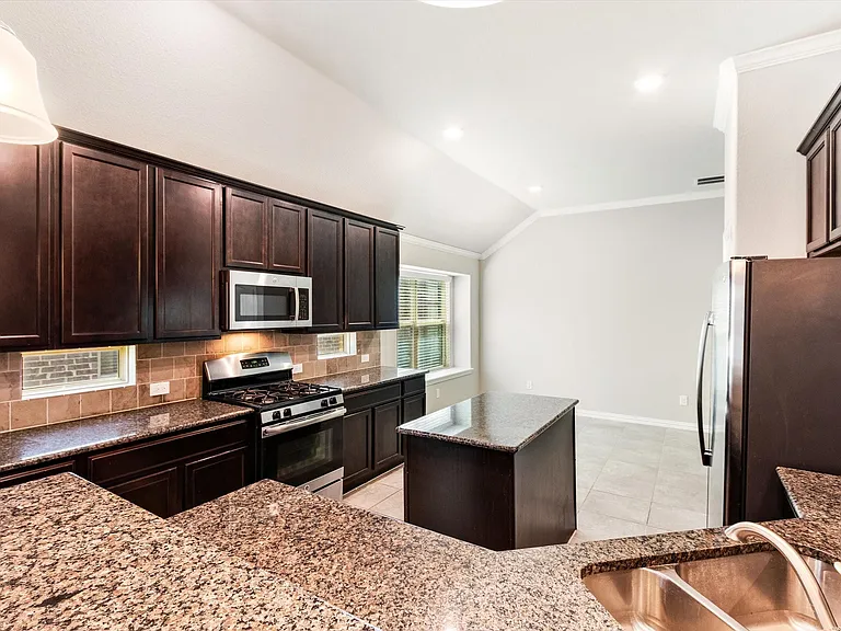 Kitchen featuring dark wood cabinetry, stainless steel appliances, granite countertops, and a tile backsplash