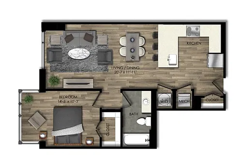 Floor plan 1 Bed/1 Bath-23W
