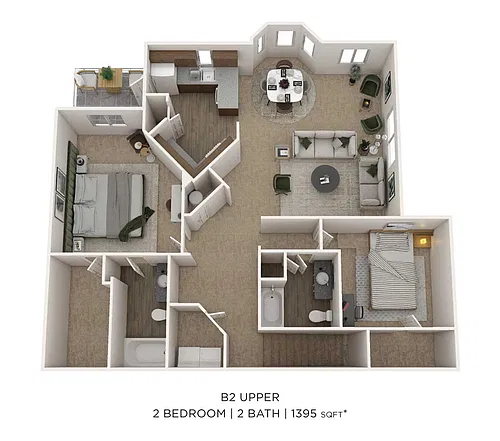 Floor plan Two Bedroom 2 Bath- Upper level 1395sqft