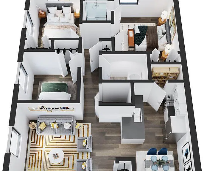 Three Bedroom - 3D example with furniture