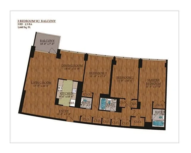 Floor plan Three Bedroom 2.5 Bath Balcony