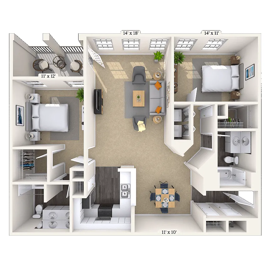Floor plan Traditional 2x2 1214-1488 SF