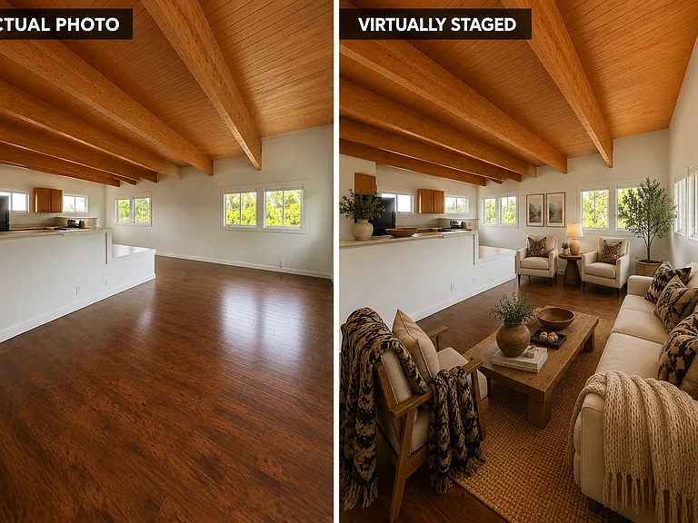 Unwind in a bright, open living space featuring gorgeous exposed wood beams, rich laminate floors, and a seamless flow into the kitchen.