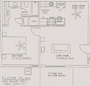 Floorplan. Furniture is not furnished but is a suggested placement. One mistake on this plan is that there is an exterior door next to the dining area. Also the bedrooms all have tile now instead of carpet.