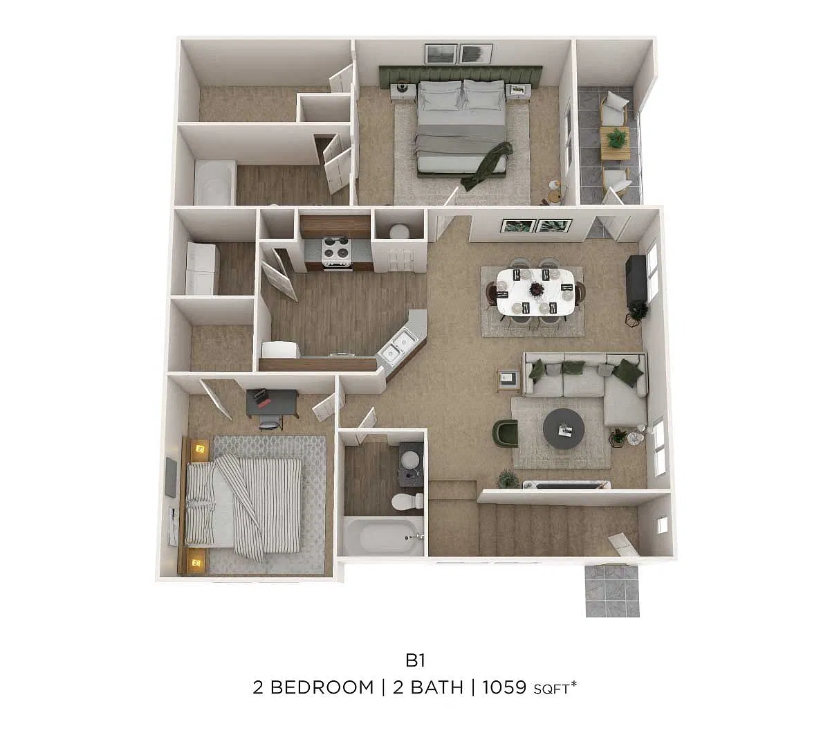 Floor plan Two Bedroom 2 Bath- Upper level 1059 sqft