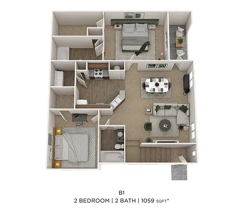 Floor plan Two Bedroom 2 Bath- Upper level 1059 sqft