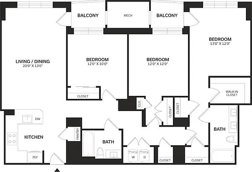 Floor plan 3 Bed/2 Bath PH-C1P-Renovated