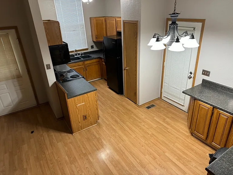 looking down into kitchen and kitchen nook