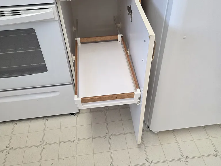 Slide-out cabinet shelves.