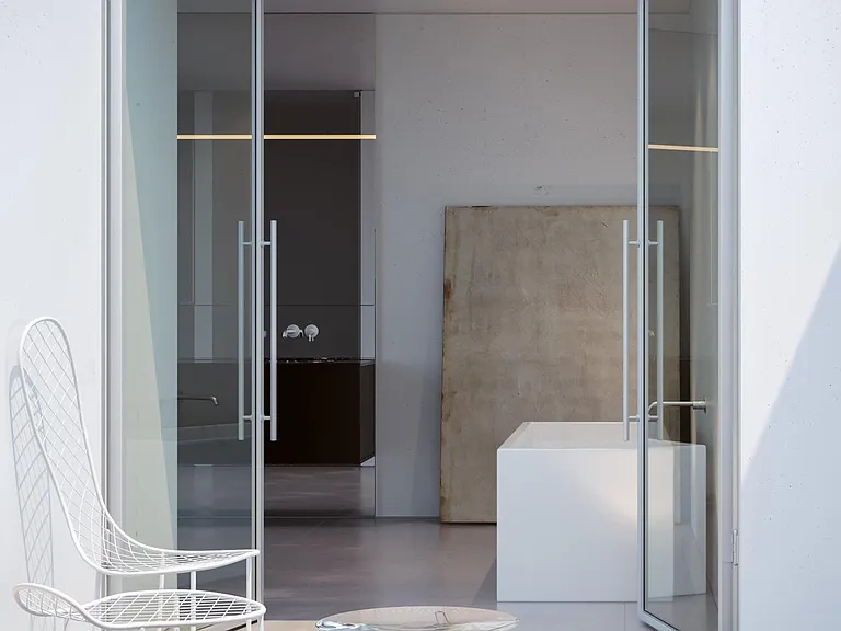 Primary Bathroom with access to Private Courtyard Patio _ This residence features a private, enclosed patio providing a spa-like experience.