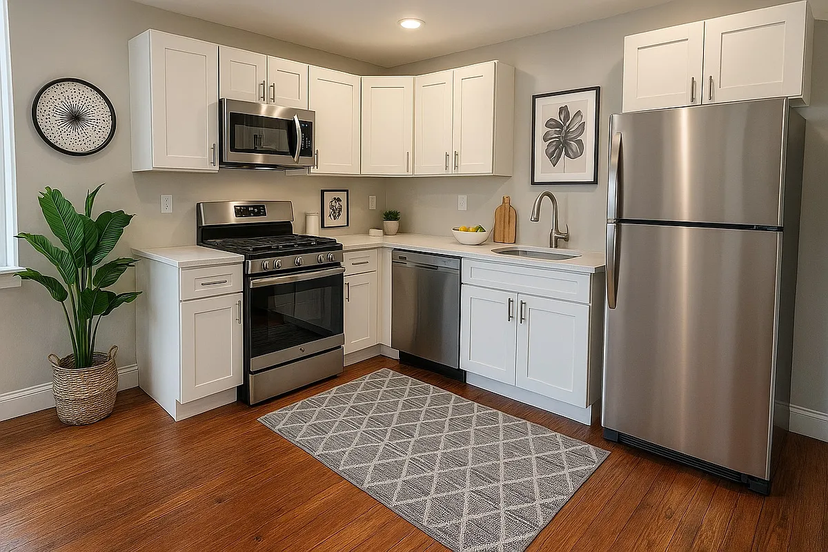 Kitchen with dishwasher, garbage disposal, and microwave - 4331 Main St #2