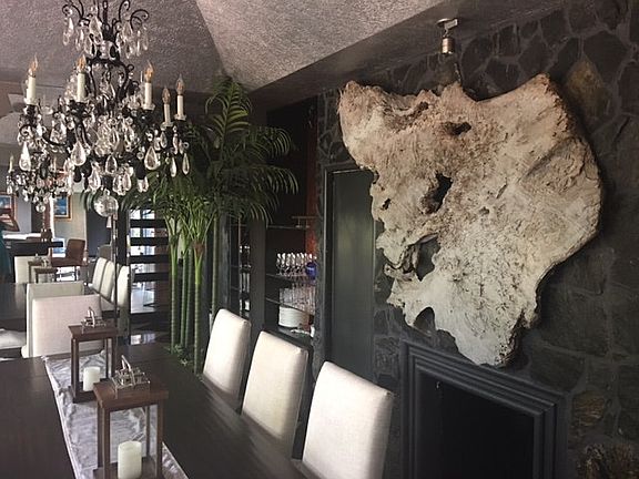 Formal Dining with fireplace and wall of windows