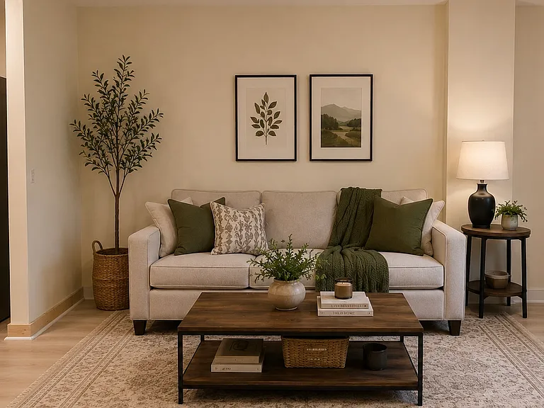 Living room with digitally staged furniture.