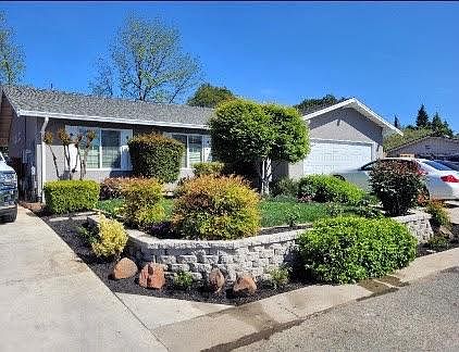 Landscaped front yard maintained by gardener.