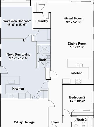 Floor plan. Next gen = areas marked in grey