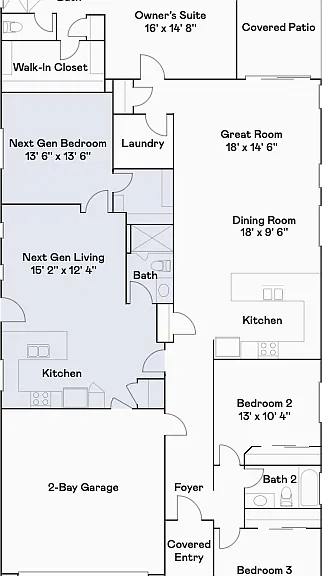 Floor plan. Next gen = areas marked in grey