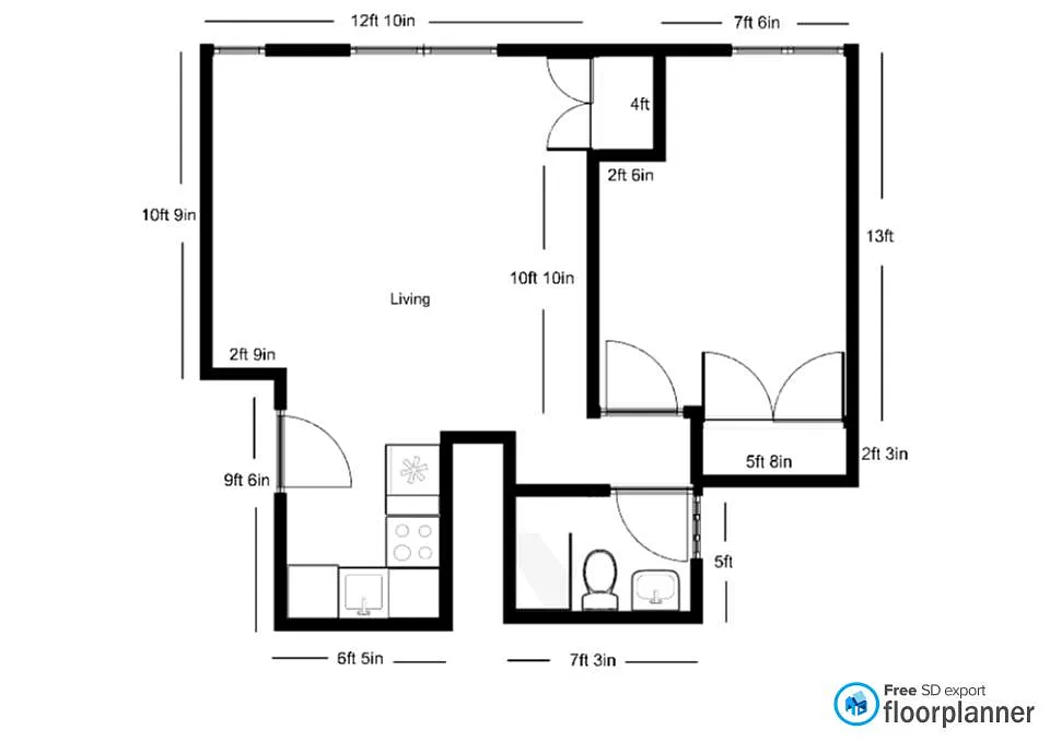 Floor plan 1 bedroom 1 bathroom Kenmore Facing