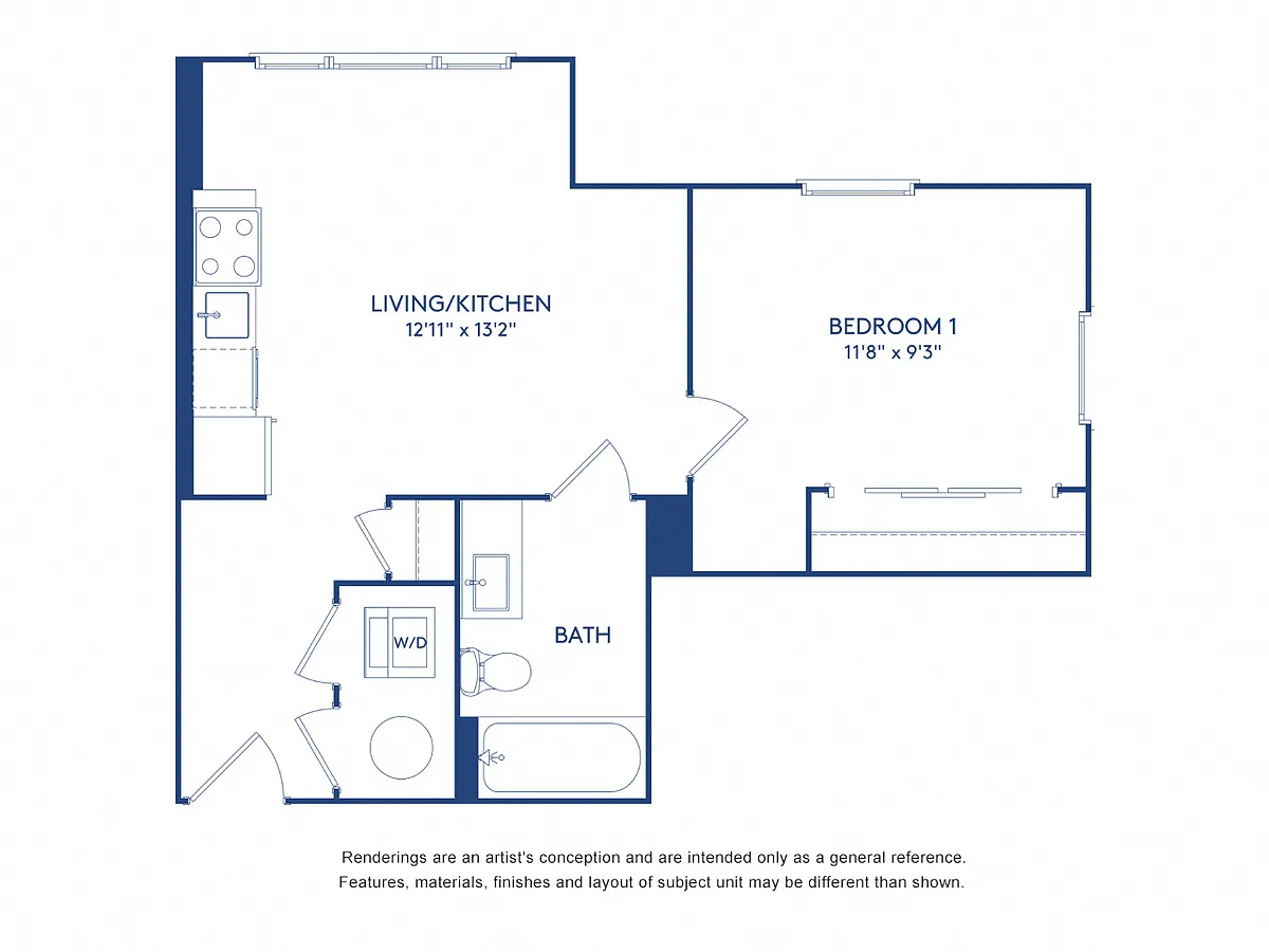 Floor plan 1 BR 1BA (517 SF)