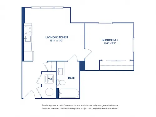 Floor plan 1 BR 1BA (517 SF)