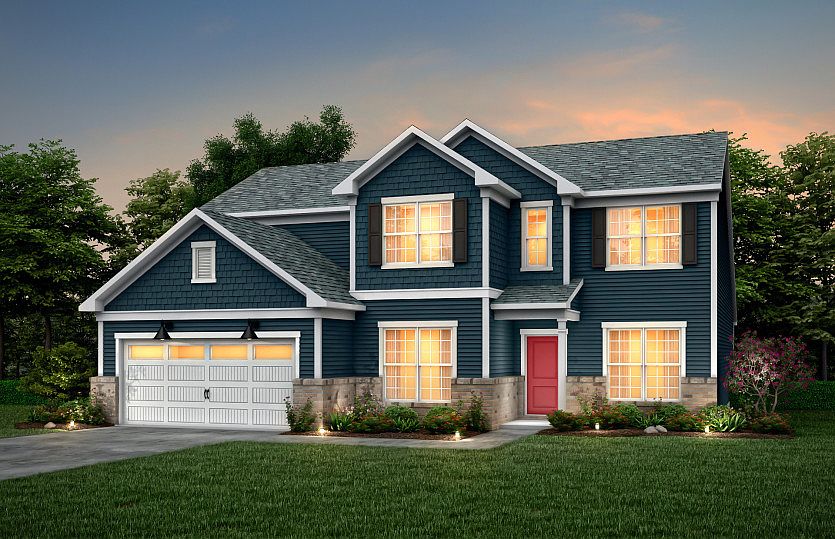 Vanderbilt Exterior 2 features siding, shakes, brick, covered front door and 2 car garage
