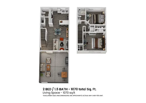 Floor plan 2 Bed x 1-5 Baths Townhome