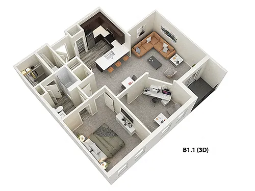 Floor plan 1 Bed 1 Bath plus Den (B1)