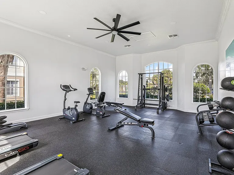 Bright and airy gym space featuring modern fitness equipment, large windows, and high ceilings.