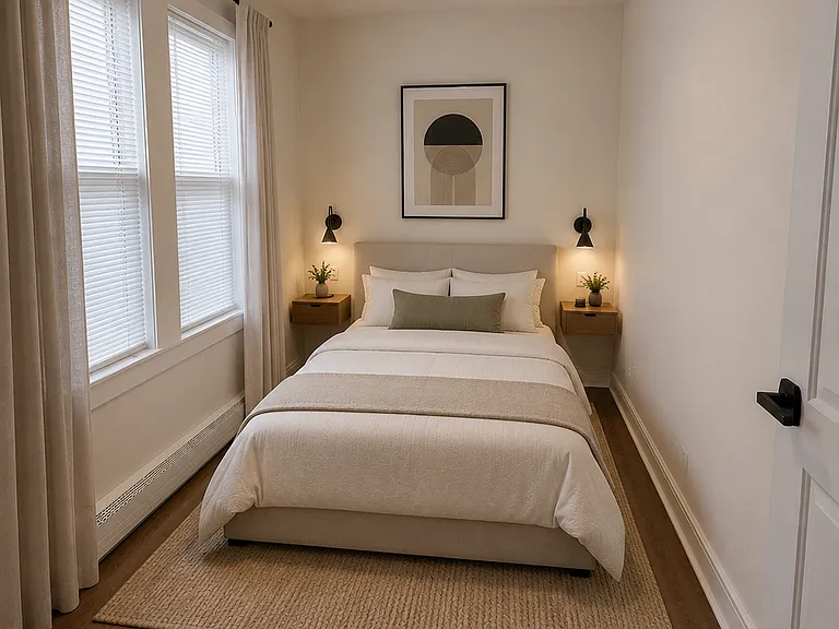 Bedroom 1 AI-staged image shown separately for inspiration; furniture not included