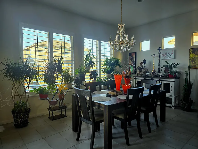 This dining space features a rich wood table for six beneath a sparkling crystal chandelier. Sunlight pours through large windows, highlighting bold orange accents, lush greenery, and curated decor that blend elegance with warmth.