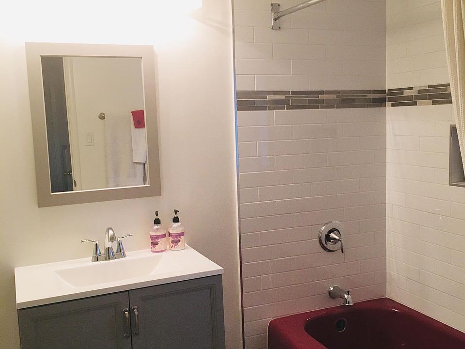Newly remodeled bathroom with tub/shower combination.